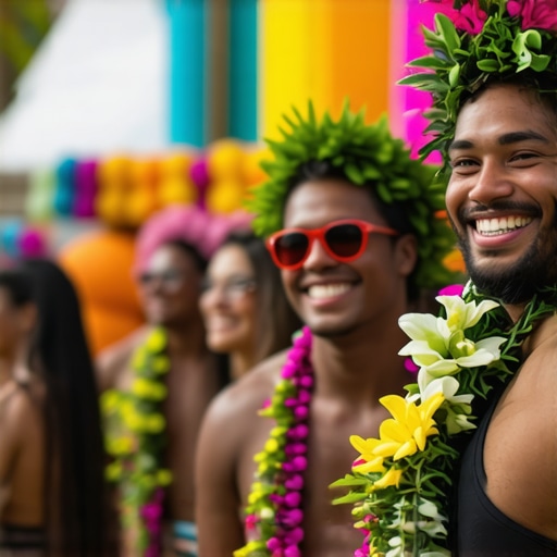 Crowd enjoying Hawaiian cultural festival with colorful decorations and traditional performances