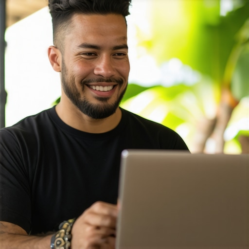 Honolulu business owner working on Google My Business profile on laptop
