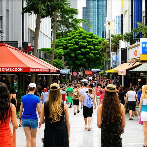 Busy Honolulu street with shops and pedestrians, illustrating community engagement for local SEO