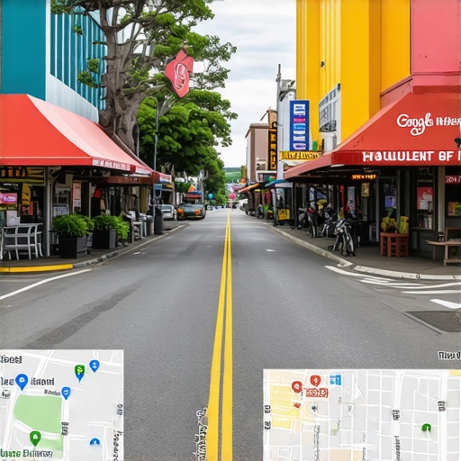 Honolulu street with local businesses and digital map overlay