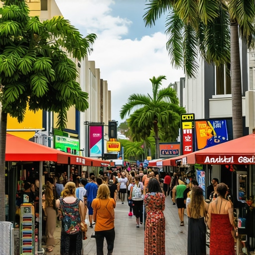 Bustling Honolulu street with local businesses and tourists