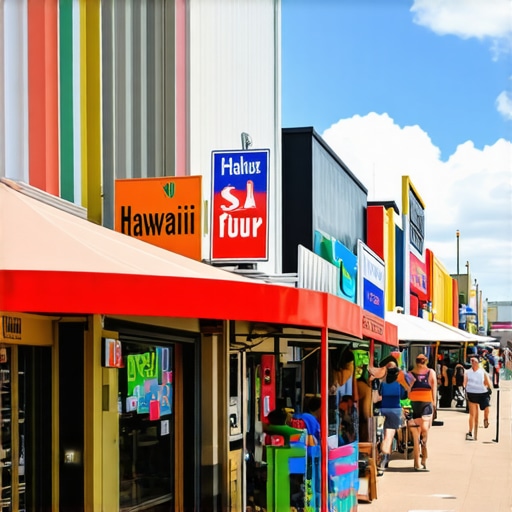 Bustling Honolulu street with shops and tourists
