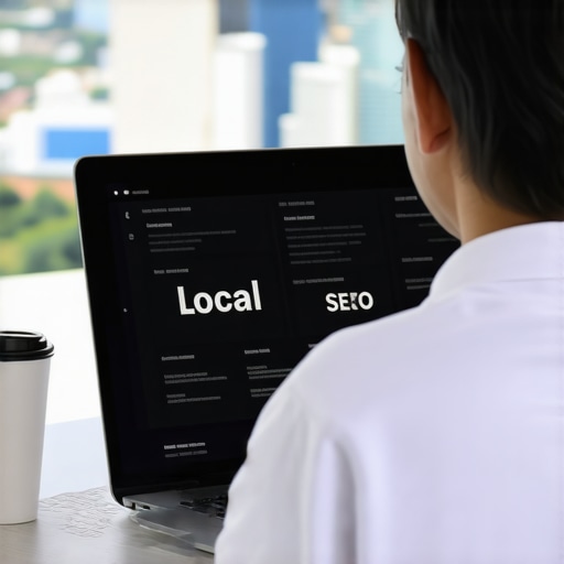 A professional managing local SEO strategies using SEO software with Honolulu skyline in view.