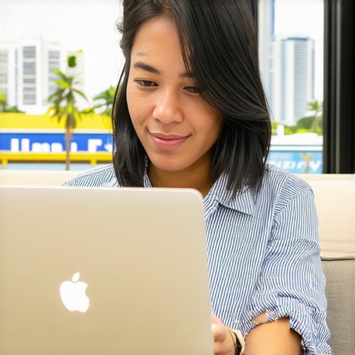 Business owner working on local SEO strategies in Honolulu with landmarks in background.
