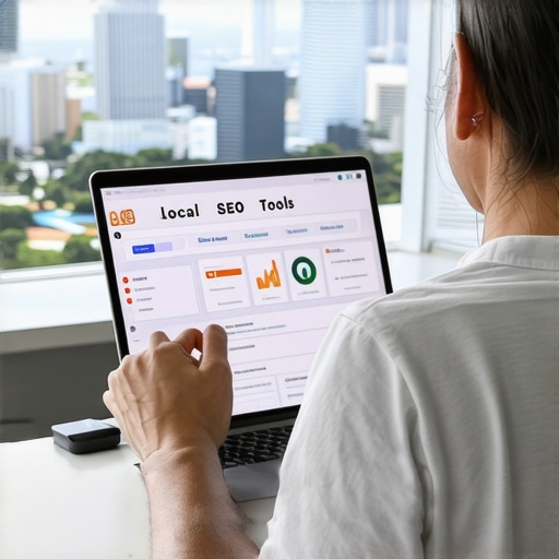 Managing Local SEO Tools in Honolulu Person working on SEO tools with Honolulu skyline