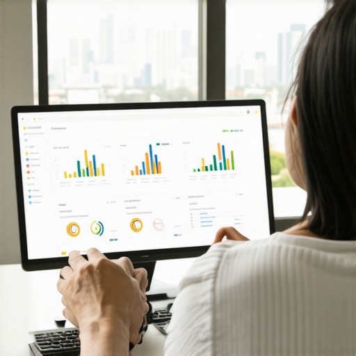 Person analyzing SEO data on a laptop with Honolulu skyline in background.