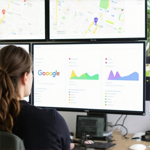 Person analyzing local SEO data on multiple screens with Google Maps, BrightLocal, and Ahrefs.