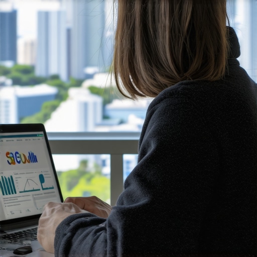 Analyzing Local SEO Data in Honolulu Business owner reviewing Hawaii local SEO analytics on laptop with Honolulu city view.