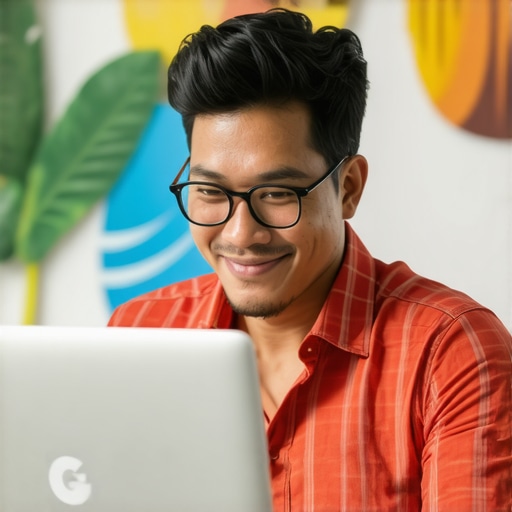 Honolulu business owner updating Google My Business profile on laptop with Hawaii scenery