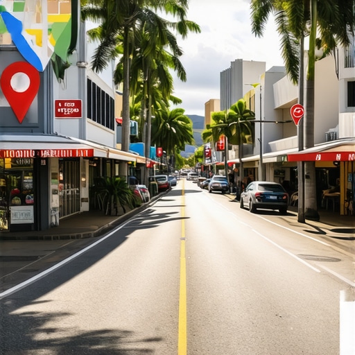 Colorful Honolulu street with businesses and digital map icons.