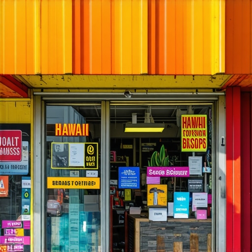 Honolulu Local Business Vibrant Honolulu store with Hawaii-themed decorations and bright signage.