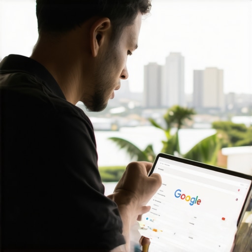 Optimizing Google Business Profile in Honolulu Honolulu business owner editing Google profile on laptop with city view