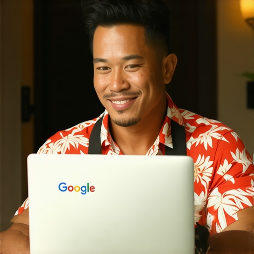 Optimizing Hawaii Local SEO Business owner working on Google My Business profile with scenic Hawaii background