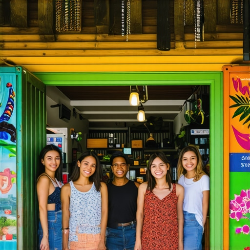 Colorful Honolulu storefront with smiling customers and tropical surroundings