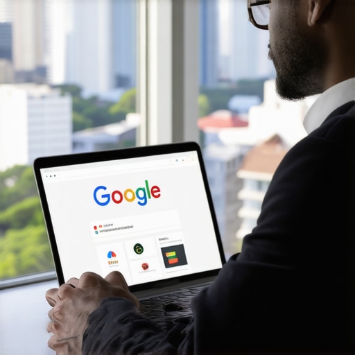 Person updating Google Business Profile on laptop with Honolulu skyline in the background.