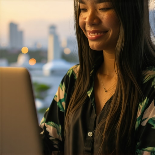 Business owner working on Google profile with Honolulu skyline.