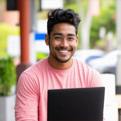 Small business owner editing Google Business profile on laptop in Honolulu street
