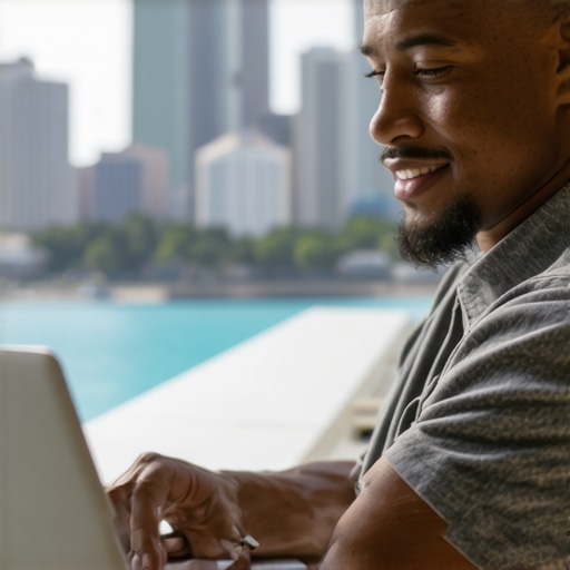 Business owner optimizing local SEO on laptop with Honolulu skyline in background