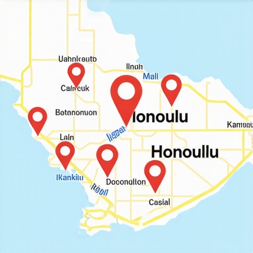 Map of Honolulu showing optimized local business listings with ranking indicators.