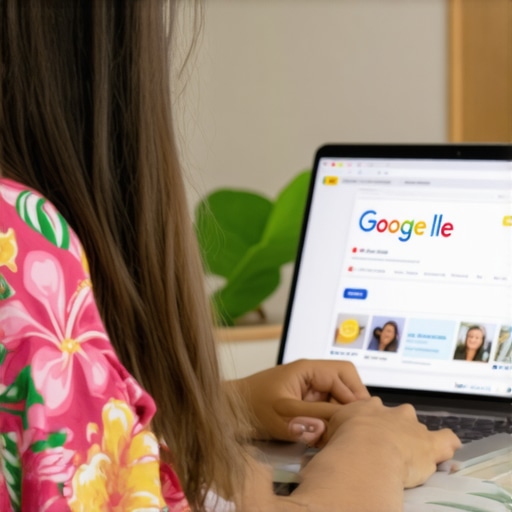 Person working on Google My Business profile with Hawaii decor