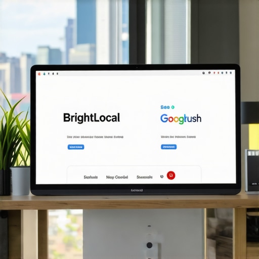 A computer workspace showing SEO management tools with Honolulu cityscape in the background