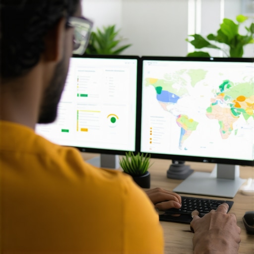 A person reviewing local SEO and map ranking data with Hawaii maps on multiple screens