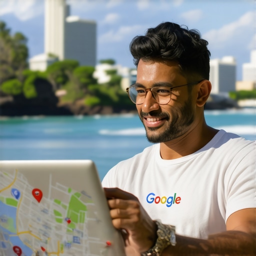 Business owner working on Google Maps profile with Hawaii landmarks