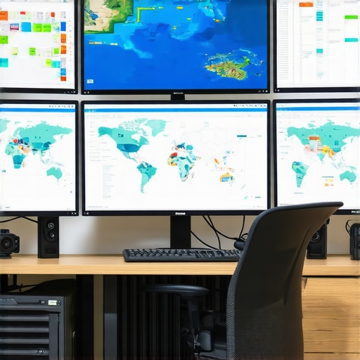 A workspace with screens showing SEO analytics and maps, representing tools for maintaining Hawaii SEO success.
