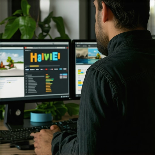 A digital marketing professional analyzing SEO data on computers with Hawaii decor