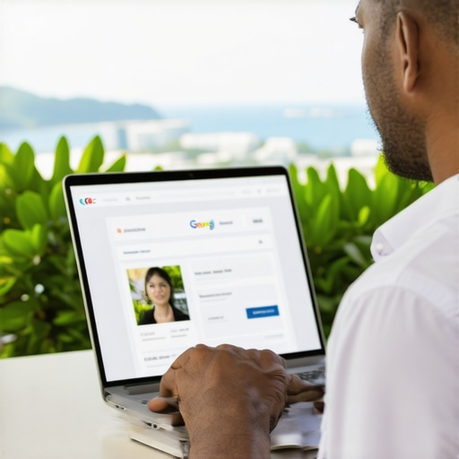 Business owner updating Google Map listing with Honolulu cityscape in background.