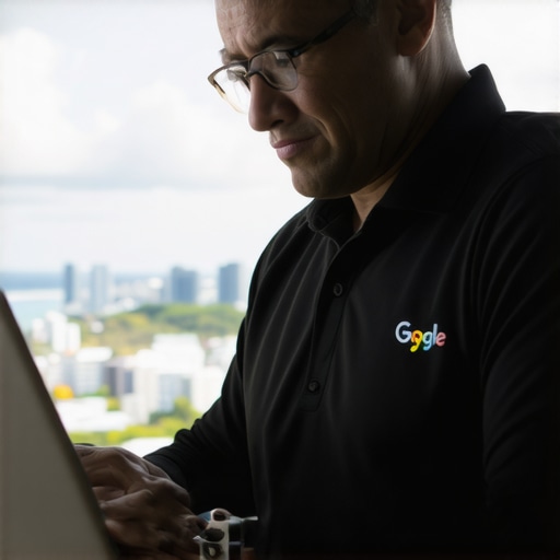 Business owner editing Google My Business profile with Honolulu cityscape