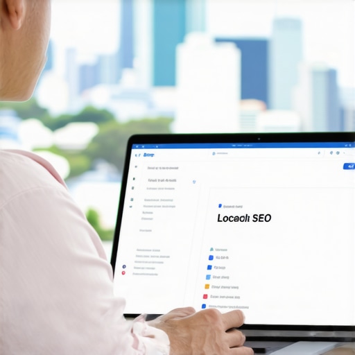 Person working on local SEO tools with Honolulu skyline in background.