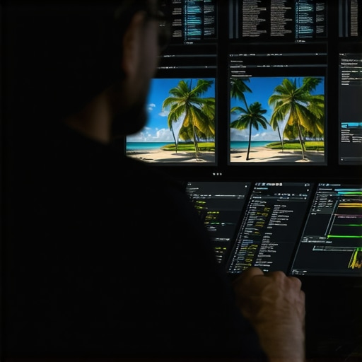 Digital marketer reviewing local SEO metrics on Hawaii-themed digital dashboards