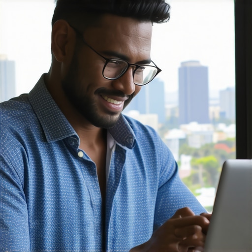 Business owner analyzing local SEO metrics with Honolulu cityscape behind