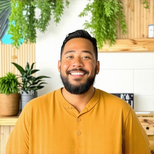 A business owner in Honolulu engaging with a customer review on a laptop in a vibrant, island-themed shop.